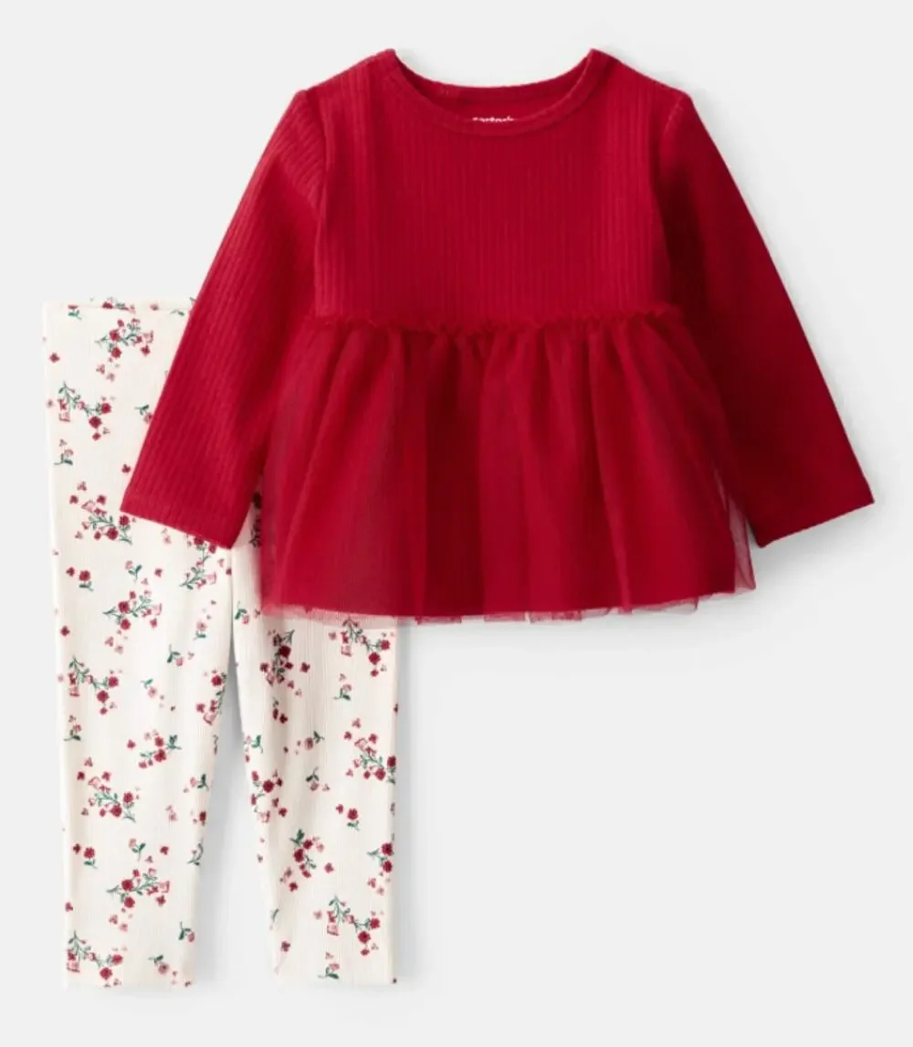 Carter's Baby Girl 2-Piece Floral Long-Sleeve Tee & Pant Set - Red